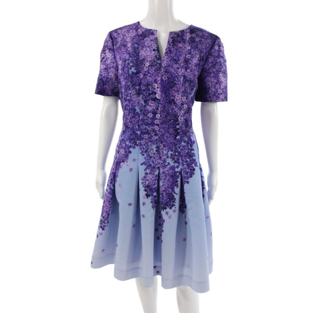 Oscar de la Renta Womens Fit & Flare Floral Knee Dress Light Blue Size 12